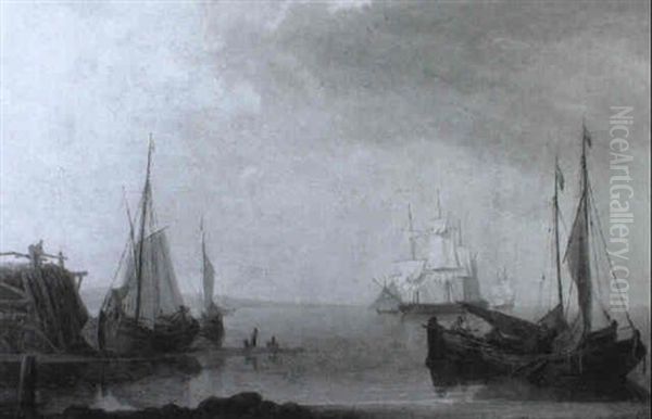Dutch Kaags Moored At Low Tide Beneath A Quay - view 1