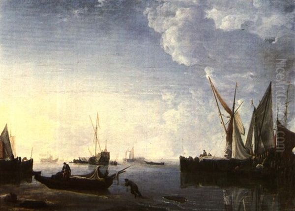 Dutch Shipping In A Calm At Sunset With Figures On The Shore - view 1