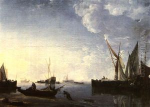 Dutch Shipping In A Calm At Sunset With Figures On The Shore by Hendrik Jacobsz Dubbels