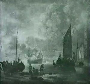 Fishermen On A Beach, Shipping In A Calm Beyond by Hendrik Jacobsz Dubbels