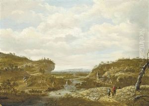 A Mountainous River Landscape With Travellers On A Track, A City Beyond
