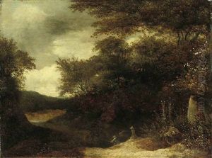 A Wooded River Landscape With Anglers On A Bank