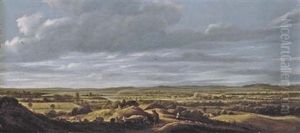 An Extensive Landscape With Huntsmen Resting On A Path, A Town Beyond by Guillam Dubois