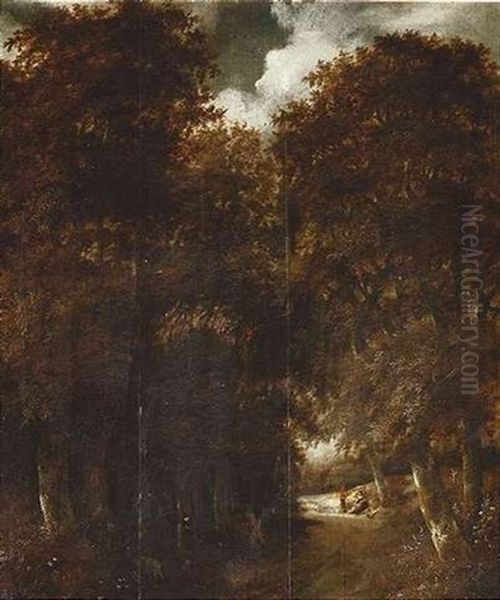 Waldweg Mit Wanderern, Im Hintergrund Vor Einer Dune Rastendes Paar - view 1