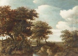 Peasants Fishing Off A Bridge In A Wooded Landscape by Guillam Dubois