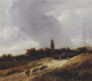 A Dune Landscape With Travellers, Shepherds And Cattle On A Path, A Church Tower Beyond