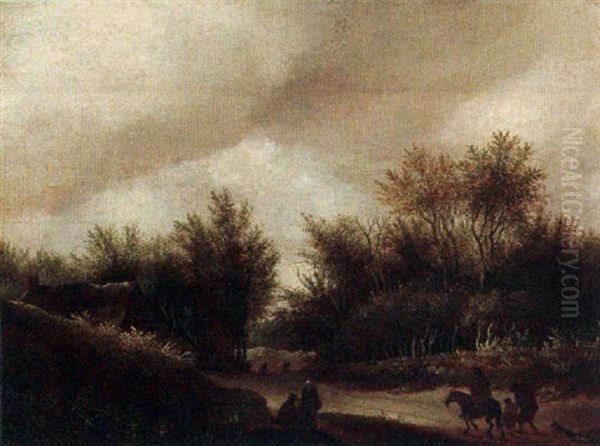 A Hilly Wooded Landscape With A Horseman And Other Figures On A Path - view 1