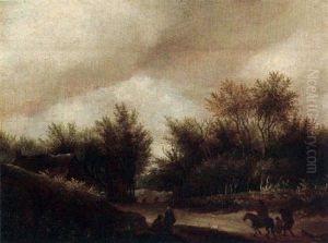 A Hilly Wooded Landscape With A Horseman And Other Figures On A Path by Guillam Dubois