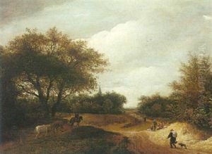 A Wooded Dune Landscape With Travellers And Horses Being Led Down A Track, A Church Spire And Village Beyond