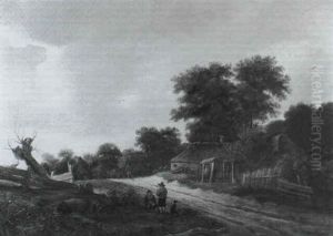 Peasants Resting Beside A Path Leading Past A Rustic        Cottage With Woodland Beyond