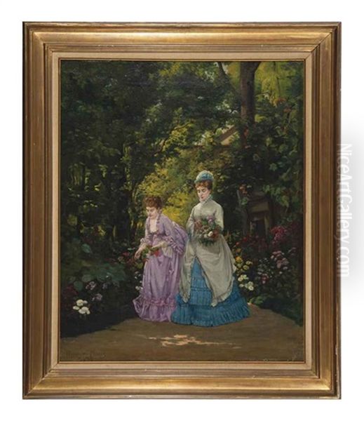 Elegant Ladies Gathering Flowers In A Garden - view 1