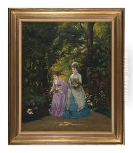 Elegant Ladies Gathering Flowers In A Garden by Henri Pierre Hippolyte Dubois