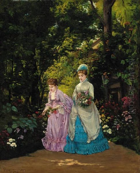 Elegant Ladies Gathering Flowers In A Garden - view 1