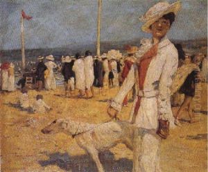 Dame In Weis Mit Windhund Am Strand by Henri Pierre Hippolyte Dubois