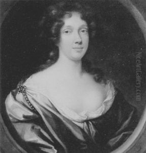 Portrait Of A Lady, Wearing A Mauve Silk Dress Trimmed With Lace And A Blue Silk Shawl by Simon Dubois
