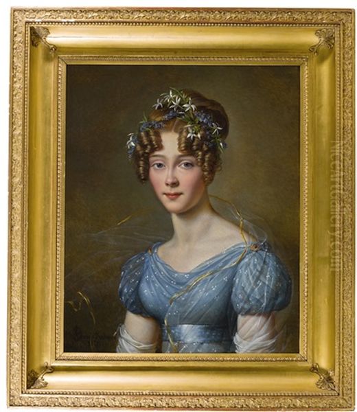 Portrait Of Amelie Du Bois (1803-91), Wife Of Lt.-gen. Emile Joseph Frison, Aide To King Leopold Ii, In A Blue Muslin Dress, With Flowers In Her Hair - view 1