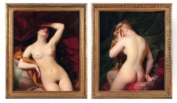 Jeune Femme Nue, Vue De Dos Entouree De Coussins Et Draperie (+ Jeune Femme Nue, Vue De Face, Sur Un Sofa Devant Des Draperies; Pair) - view 1