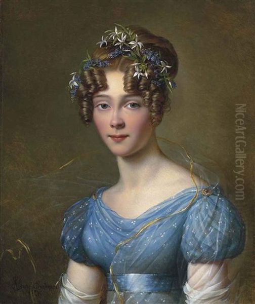 Portrait Of Amelie Du Bois (1803-1891), Wife Of Lt.-gen. Emile Joseph Frison, Aide To King Leopold Ii In A Blue Muslin Dress, With Flowers In Her Hair - view 1