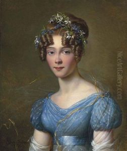 Portrait Of Amelie Du Bois (1803-1891), Wife Of Lt.-gen. Emile Joseph Frison, Aide To King Leopold Ii In A Blue Muslin Dress, With Flowers In Her Hair