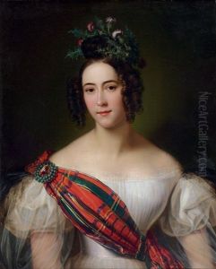 Portrait D'une Jeune Ecossaise Portant Un Tartan Et Coiffee D'un Chardon