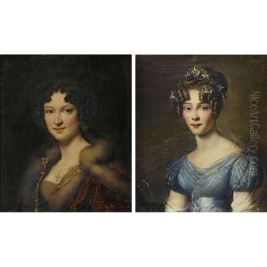 Portrait Of Amelie Du Bois, Bust-length, Wearing A Blue Muslin Dress (+ Portrait Of Henriette Louise Peterson, Bust-lenth, Wearing A Red Cout With Fur; Pair) by Alexandre Jean Dubois-Drahonet