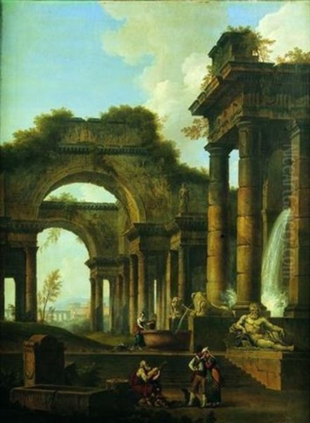 Couple De Bergers Et Jouer De Guitare Au Pied Des Ruines D'un Temple Antique - view 1