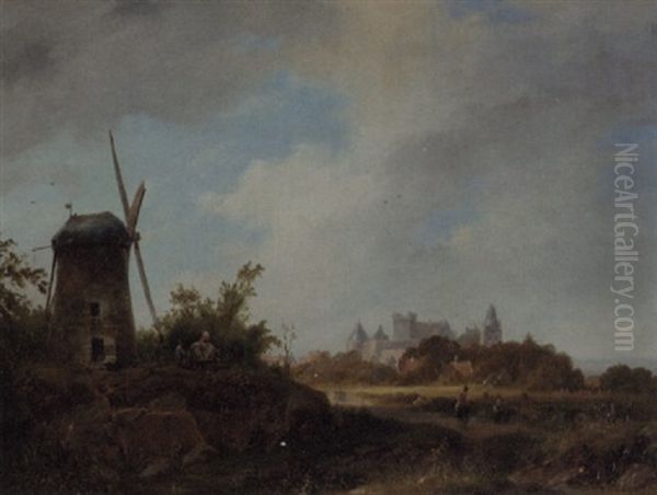 A Panoramic Summer Landscape With Villagers By A Windmill, Bentheim Beyond - view 1