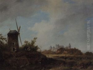 A Panoramic Summer Landscape With Villagers By A Windmill, Bentheim Beyond by Pierre Louis Dubourcq