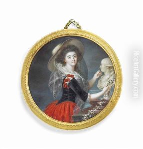 A Young Lady In A Black Bodice And Red Skirt, Red Bows At Her Shoulder, Wearing A Large Hat With A Gauze Veil by Augustin Dubourg