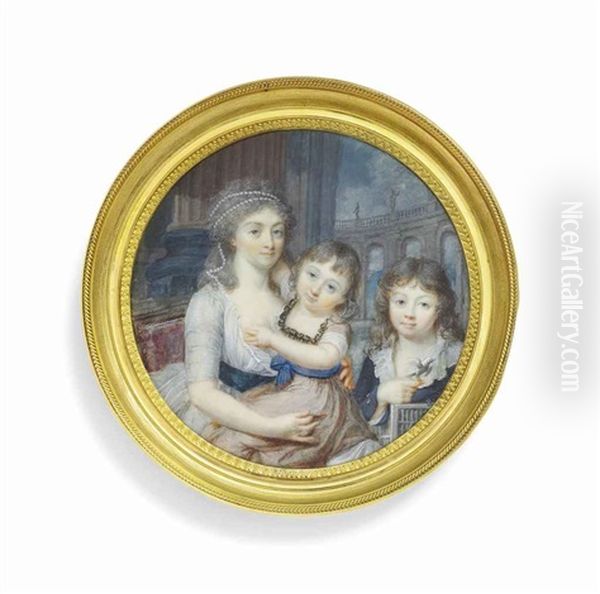 A Mother, In A Pale Blue Dress, Holding Her Young Daughter On Her Lap, Seated, Next To Her Son In A Blue Jacket, A Small Bird Resting On His Finger - view 1