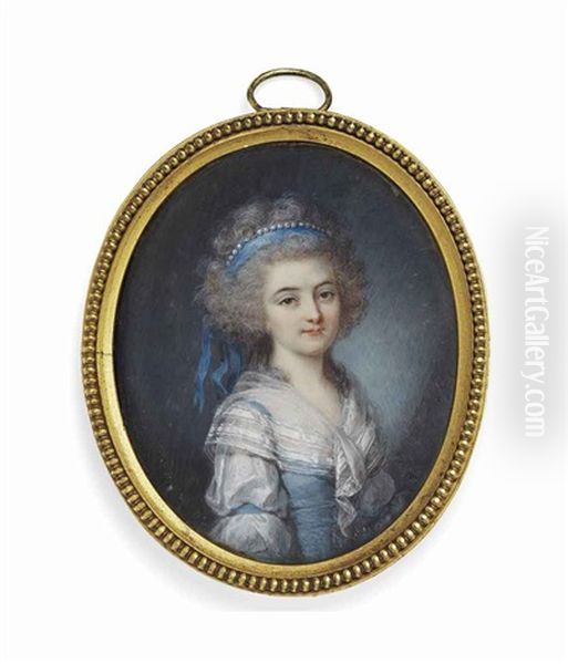 A Girl, In Blue Silk Dress Over White Muslin Underdress, Blue Bands Around Her Sleeves, White Gauze Fichu, Upswept Powdered Curling Hair - view 1