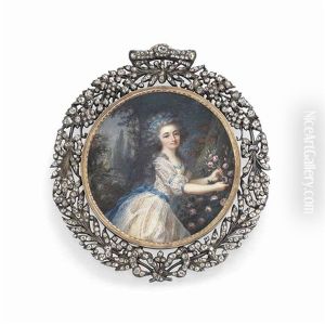 A Young Lady In A Woodland Landscape Cutting Pink Roses From A Rose Bush, In Blue-bordered White Dress With Striped Muslin Layer, Blue Sash Tied Around Waist With A Bow At The Back by Augustin Dubourg