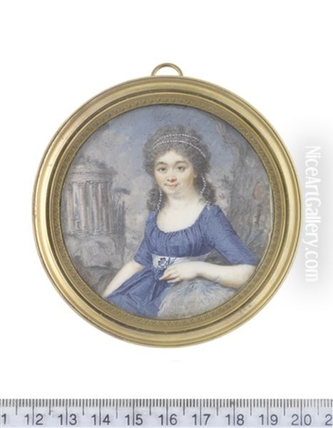 A Lady, Seated Within A Landscape, Wearing Blue Dress And Dove Grey Sash, Her Lightly Powdered Hair Partially Upswept And Dressed With A Double Strand Of Pearls - view 1