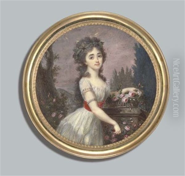 A Young Lady, Holding A Small Wooden Handled Scythe And Cutting Roses In Her Right Hand - view 1