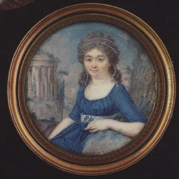 A Lady Resting Her Arm On A Grassy Stone, She Wears Double Strand Of Pearls In Her Powdered Hair And Blue Dress With White Waistband And Holds A Violet In Her Hand - view 1