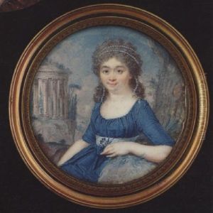 A Lady Resting Her Arm On A Grassy Stone, She Wears Double Strand Of Pearls In Her Powdered Hair And Blue Dress With White Waistband And Holds A Violet In Her Hand
