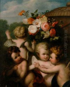 Putti With Flowers Before An Urn, A Park Landscape Beyond by Louis Fabritius Dubourg