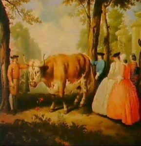 Elegant Figures Admiring A Bull At The Gate Of A Country House by Louis Fabritius Dubourg