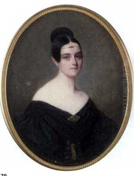 A Young Lady In Off The Shoulder Black Dress With Gold Cameo Brooch At Corsage And Wearing A Gold Ornament In Her Dressed Hair - view 1