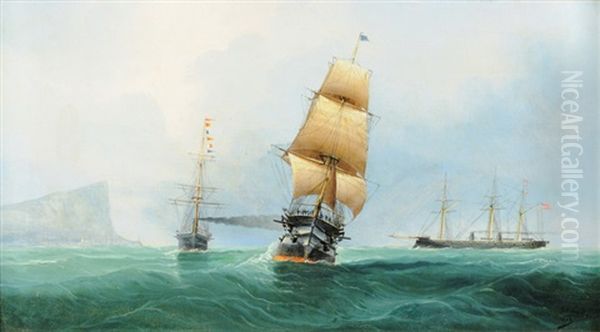 Dampfschiffe Und Segelschiff Auf Rauher See - view 1