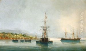 Bateaux A L'ancre Au Large D'une Cote