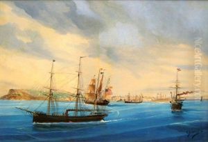 Navires Americain Et Espagnol Devant Le Havre Et Sainte Adresse by Cheri Francois Marguerite Dubreuil