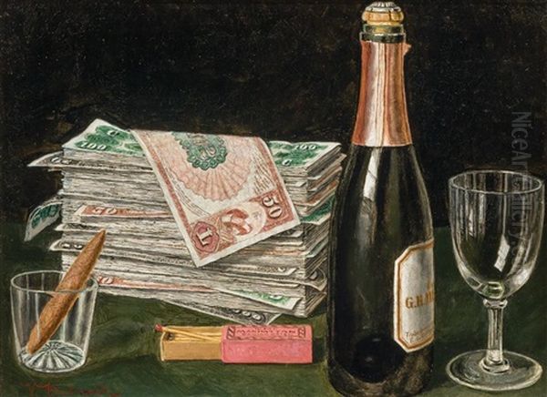 Still Life With Money Pile And Champagne - view 1