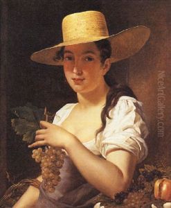 Portrait De Jeune Fille Au Chapeau De Paille Et A La Grappe De Raisin by Claude-Marie Dubufe