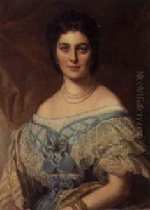 Portrait Of A Lady, Wearing A Blue Dress With Lace Sleeves by Edouard Louis Dubufe