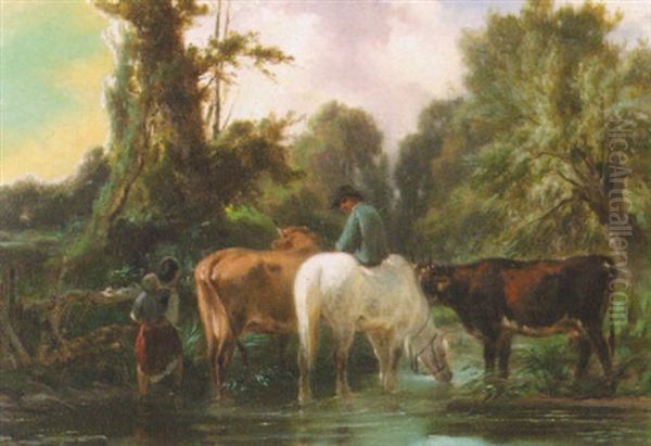 Idyllic Landscape With Peasants Watering The Horses And Cows - view 1
