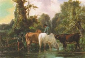 Idyllic Landscape With Peasants Watering The Horses And Cows by Albert-Lucien Dubuisson