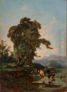 Paysan Et Son Troupeau Au Bord De L'eau by Alexandre Dubuisson