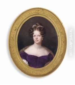 A French Duchess, In Purple Velvet Off-the-shoulders Dress With White Trim And Sleeves, Wearing A Fur Stole Over Her Shoulders, Her Upswept Hair Dressed In Plaits And Ringlets Adorned With Pearls, Wearing Drop-pearl Earring by Jean Baptiste Joseph Duchesne
