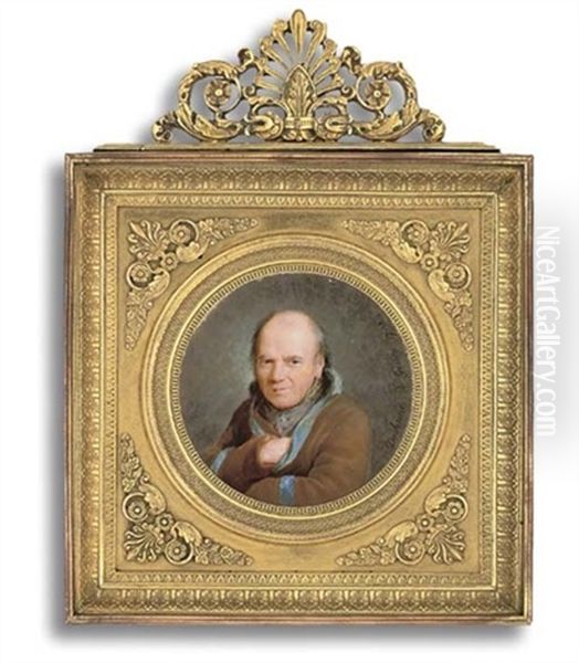 Jean-baptiste Duchesne, The Artist's Father, His Right Hand Tucked Into His Brown Coat With Blue Trim On Collar And Sleeves, High-collared Grey Shirt - view 1